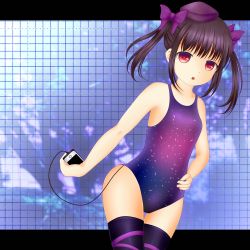 Rule 34 | 1girl, cellphone, competition swimsuit, hat, himekaidou hatate, iphone, letterboxed, long hair, one-piece swimsuit, phone, red eyes, short hair, shounen (hogehoge), smartphone, swimsuit, thighhighs, tokin hat, touhou, twintails