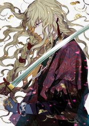 Rule 34 | androgynous, bangle, bead necklace, beads, blonde hair, bracelet, braid, carrying over shoulder, closed eyes, commentary request, earrings, floating hair, from side, gender request, hair ribbon, hexagon, highres, holding, holding sword, holding weapon, japanese clothes, jewelry, katana, kazari tayu, kimono, lace trim, long hair, long sleeves, looking down, necklace, original, parted lips, prayer beads, profile, purple eyes, red ribbon, ribbon, single braid, solo, sword, tassel, unsheathed, upper body, wavy hair, weapon, white background