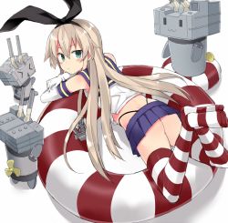 Rule 34 | 10s, 1girl, 501092-taka, ass, blonde hair, blue eyes, gloves, hairband, innertube, kantai collection, long hair, lying, on stomach, rensouhou-chan, shimakaze (kancolle), simple background, skirt, striped clothes, striped thighhighs, swim ring, thighhighs