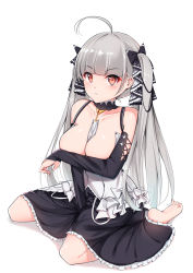 Rule 34 | 1girl, absurdres, ahoge, azur lane, bad id, bad pixiv id, bare shoulders, barefoot, between breasts, black dress, blush, breast hold, breasts, catnnn, cleavage, commentary request, covering privates, covering breasts, dress, earrings, formidable (azur lane), frilled dress, frills, frown, grey hair, hair ribbon, highres, jewelry, large breasts, long hair, long sleeves, looking at viewer, red eyes, ribbon, simple background, solo, twintails, very long hair, white background