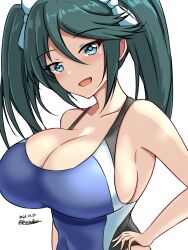 Rule 34 | 1girl, blue hair, blush, breasts, cleavage, competition swimsuit, covered navel, dated, hair ribbon, hairband, hand on own hip, highres, huge breasts, isuzu (kancolle), kantai collection, large breasts, long hair, looking at viewer, montemasa, one-piece swimsuit, ribbon, smile, solo, swimsuit, twintails, twitter username, upper body, white background