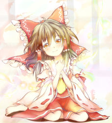 Rule 34 | 1girl, ascot, bad id, bad pixiv id, bare shoulders, bow, brown eyes, brown hair, cusozee, detached sleeves, female focus, hair bow, hair tubes, hakurei reimu, hands on own chest, head tilt, own hands together, sitting, smile, solo, sunlight, touhou