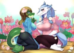 Rule 34 | 2girls, absurdres, anklet, ass, biyon tran, black pants, blue eyes, blush, breasts, brown hair, camellia, claws, commentary, crocodile, crocodilian, crocodilian tail, day, dress, english commentary, floral print, flower, furry, furry female, hair flower, hair ornament, hair over shoulder, hair tie, hand on own chest, hand on own thigh, hand up, highres, jewelry, large breasts, light blue dress, long hair, looking at another, lotus, multiple girls, original, pants, pink dress, pink flower, purple eyes, purple pants, see-through, see-through dress, seiza, sergal, shiny clothes, sitting, slit pupils, soles, tail, vietnamese dress, white flower, wolf tail, wooden floor