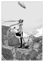 Rule 34 | 1girl, aircraft, amplifier, bare shoulders, cable, cloud, dirigible, greyscale, guitar, hatsune miku, instrument, keyboard (instrument), long hair, messy, microphone, microphone stand, monochrome, ruins, scenery, skirt, sky, solo, spring onion, standing, fender telecaster, thighhighs, twintails, very long hair, vocaloid, wind, yuroy kawano