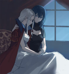 Rule 34 | 2girls, bed, blanket, breasts, byleth (female) (fire emblem), byleth (fire emblem), cape, cleavage, cleavage cutout, closed eyes, clothing cutout, curtains, edelgard von hresvelg, fire emblem, fire emblem: three houses, head tilt, highres, holding hands, kisetsu, looking at another, medium hair, multiple girls, night, nintendo, red cape, sitting, smile, window, yuri