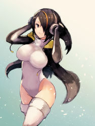 Rule 34 | 10s, 1girl, black hair, black jacket, blackball, breasts, brown eyes, covered navel, emperor penguin (kemono friends), hair over one eye, headphones, highleg, highleg leotard, jacket, kemono friends, large breasts, leotard, long hair, looking at viewer, multicolored hair, open clothes, open jacket, orange hair, smile, solo, thighhighs, white leotard, white thighhighs