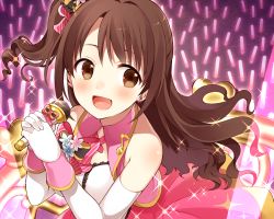 Rule 34 | 10s, 1girl, brown eyes, brown hair, chisumi, earrings, elbow gloves, gloves, glowstick, holding, holding microphone, idolmaster, idolmaster cinderella girls, idolmaster cinderella girls starlight stage, jewelry, long hair, microphone, one side up, open mouth, shimamura uzuki, side ponytail, smile, solo, stage of magic, upper body, wavy hair, white gloves
