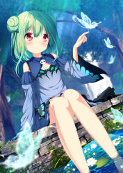 Rule 34 | 1girl, animal, arm support, black footwear, blue dress, blue sleeves, blurry, blurry background, blurry foreground, blush, boots, unworn boots, bow, bug, butterfly, chinomaron, closed mouth, commentary request, day, depth of field, detached sleeves, double bun, dress, frilled dress, frills, green bow, green hair, hair between eyes, hair bow, hair bun, hand up, highres, hololive, insect, long sleeves, outdoors, red eyes, skull, smile, soaking feet, solo, sunlight, tree, uruha rushia, uruha rushia (1st costume), virtual youtuber, water, wide sleeves