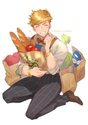 Rule 34 | 1boy, apple, bag, baguette, bara, blonde hair, blush, bow, bowtie, bracelet, bread, carrot, closed eyes, finger to cheek, food, fruit, full body, granblue fantasy, green eyes, higashigunkan, holding, holding bag, jewelry, light, male focus, muscular, pants, pectorals, shirt, shoes, shopping bag, sleeves rolled up, smile, solo, tight clothes, tight pants, toned, toned male, translation request, vane (granblue fantasy), white background