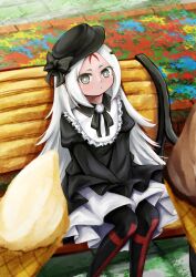 Rule 34 | 1girl, alternate costume, bench, between legs, black bow, black dress, black eyes, black hat, black pantyhose, black ribbon, blush, bow, brooch, casual, chocolate, commentary request, cross print, dark-skinned female, dark skin, day, dress, elisa (girls&#039; frontline), facial mark, feet out of frame, flower, forehead mark, frills, girls&#039; frontline, gothic lolita, hair ornament, hat, hat bow, highres, holding, holding ice cream cone, ice cream cone, jewelry, logia13laplace, lolita fashion, long hair, long sleeves, looking at viewer, moss, neck ribbon, on bench, outdoors, pantyhose, parted lips, pentagram, pov, print pantyhose, puffy long sleeves, puffy sleeves, ribbon, sangvis ferri, sitting, skirt, solo, vanilla, white hair, white skirt