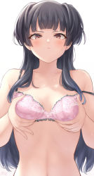 Rule 34 | 1girl, black hair, blunt bangs, blush, bra, breast lift, breasts, brown eyes, closed mouth, grabbing, grabbing another&#039;s breast, grabbing own breast, highres, idolmaster, idolmaster shiny colors, kijibato 123-gou, long hair, looking at viewer, mayuzumi fuyuko, pink bra, simple background, solo, sweat, two side up, underwear, underwear only, white background