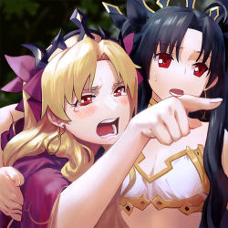 Rule 34 | 2girls, black hair, blonde hair, commentary, commentary request, earrings, ereshkigal (fate), fate/grand order, fate (series), hair ornament, hair ribbon, ishtar (fate), jewelry, kyou-chan, long hair, meme, multiple girls, open mouth, red eyes, ribbon, siblings, sisters, twintails, woman yelling at cat (meme)