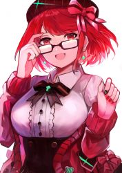 Rule 34 | 1girl, adjusting eyewear, alternate costume, blouse, breasts, brown hat, collared shirt, glasses, hat, highres, large breasts, nail polish, pyra (xenoblade), red eyes, red hair, ribbon, shirt, simple background, solo, sweater, tarbo (exxxpiation), virtual youtuber, white background, white shirt, xenoblade chronicles (series), xenoblade chronicles 2