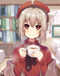 Rule 34 | 1girl, ahoge, bad id, bad pixiv id, beret, blurry, blurry background, book, bookshelf, brown jacket, closed mouth, coffee, coffee cup, commentary request, cup, depth of field, disposable cup, hair between eyes, hair ornament, hat, head tilt, holding, holding cup, indoors, jacket, light brown hair, long sleeves, looking at viewer, off shoulder, omuretsu, original, red eyes, red hat, red sweater, smile, solo, steam, sweater, two-handed