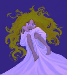 Rule 34 | 1girl, absurdres, barefoot, blonde hair, blue eyes, bright pupils, closed mouth, dress, elainma, from above, hand on own knee, highres, holding legs, legs up, long dress, long hair, long sleeves, looking at viewer, lying, on back, original, purple background, simple background, solo, white dress, white pupils