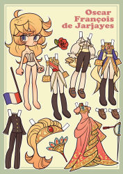 Rule 34 | 1girl, arms at sides, ascot, barefoot, black jacket, black pants, blonde hair, blue eyes, blue jacket, boots, brown footwear, character name, commentary, dress, english commentary, french flag, full body, gold trim, green background, hand fan, jacket, kisekae, knee boots, long hair, long sleeves, looking at viewer, meremero, oscar francois de jarjayes, pants, pink dress, puffy long sleeves, puffy sleeves, rapier, red sash, sash, shoes, solo, standing, sword, underwear, underwear only, versailles no bara, weapon, white ascot, white jacket, white pants