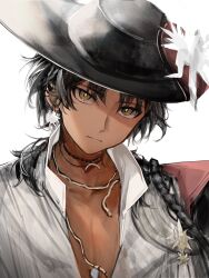 Rule 34 | 1boy, arknights, black cape, black hair, black hat, cape, commentary request, dark-skinned male, dark skin, frown, hat, hat ornament, highres, looking at viewer, male focus, multiple necklaces, open clothes, open shirt, plunging neckline, ponytail, samidareame, shirt, short hair, simple background, solo, thorns (arknights), thorns (blade-cleaved tides) (arknights), white background, white shirt, yellow eyes