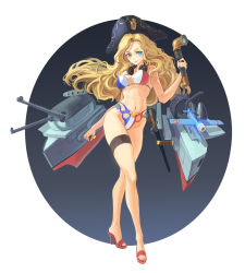 Rule 34 | 10s, 1girl, aircraft, airplane, artist check, bayonet, bikini, blonde hair, cannon, contrapposto, crane (machine), crossed legs, flag print, fleur-de-lis, france, french flag, french flag bikini, full body, gradient background, hat, headphones, headphones around neck, high heels, highres, hip focus, jeanex, kantai collection, legs, lipstick, long hair, long legs, looking at viewer, makeup, mecha musume, navel, original, outside border, pacific (kancolle), periscope, print bikini, red footwear, round image, sheath, sheathed, shoes, sima naoteng, simple background, solo, standing, surcouf (pacific), swimsuit, thigh strap, tricorne, very long hair, watson cross, wavy hair, weapon, wide hips