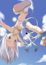 Rule 34 | 00s, 1girl, aqua eyes, birdy cephon altera, blue sky, cat shop, censored, child, cloud, convenient censoring, day, green eyes, midair, multicolored hair, outstretched arms, panties, pantyshot, sandals, sky, sun, tetsuwan birdy, tetsuwan birdy decode, tuto, underwear, upside-down, white panties, aged down