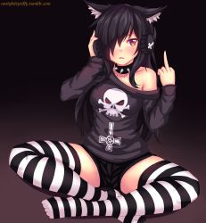 Rule 34 | 1girl, animal ear fluff, animal ears, betsy (nottytiffy), black hair, cat ears, collar, gradient background, headphones, highres, indian style, long hair, middle finger, nottytiffy, off shoulder, original, red eyes, shorts, sitting, solo, spiked collar, spikes, striped clothes, striped thighhighs, thighhighs, watermark, web address