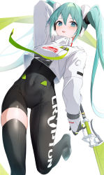 Rule 34 | 1girl, :d, absurdres, aqua hair, arm up, banner, black bodysuit, black gloves, black thighhighs, blue eyes, blush, bodysuit, breasts, clothes writing, covered navel, crop top, gloves, hatsune miku, highres, leg up, long hair, long sleeves, looking at viewer, medium breasts, nokke o, open mouth, racing miku, racing miku (2022), see-through, simple background, single thighhigh, smile, solo, standing, standing on one leg, thighhighs, twintails, very long hair, vocaloid, white background