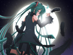 Rule 34 | 1girl, ahoge, detached sleeves, feathers, from behind, full moon, green eyes, green hair, hatsune miku, long hair, looking back, matching hair/eyes, moon, necktie, night, skirt, solo, thighhighs, twintails, very long hair, vocaloid, yuzuki kei