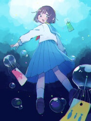 Rule 34 | 1girl, air bubble, blue background, blue sailor collar, blue skirt, blush, bob cut, brown footwear, brown hair, bubble, commentary, from behind, full body, highres, jellyfish, long sleeves, looking at viewer, looking back, mamei mema, neckerchief, open mouth, original, pleated skirt, red neckerchief, sailor collar, sailor shirt, school uniform, serafuku, shirt, shoes, short hair, skirt, socks, solo, submerged, tareme, underwater, white shirt, white socks, wind chime