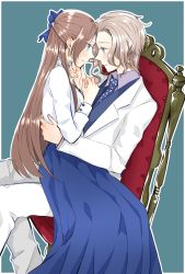 Rule 34 | 1boy, 1girl, 3so4ru5959, arm around waist, blazer, blue bow, blue eyes, blue neckwear, blue skirt, blue vest, blush, bow, brother and sister, brown hair, closed mouth, commentary request, dress shirt, frown, hair bow, hand on another&#039;s chin, highres, jacket, katarina claes, keith claes, light brown hair, light smile, long hair, long skirt, necktie, on chair, otome game no hametsu flag shika nai akuyaku reijou ni tensei shite shimatta, outline, pants, parted lips, pleated skirt, purple shirt, shirt, siblings, sitting, sitting on lap, sitting on person, skirt, step-siblings, vest, white jacket, white outline, white pants, white shirt, wing collar, wooden chair