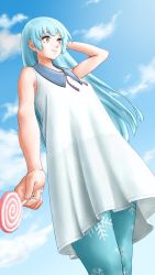 Rule 34 | 1girl, alternate costume, blue hair, blue sky, candy, dress, food, hand in own hair, highres, kula diamond, leggings, lollipop, long hair, sky, solo, the king of fighters, white dress, x chitch