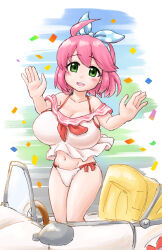 Rule 34 | 1girl, bikini, blush, breasts, car, chocobo racing, final fantasy, final fantasy fables, green eyes, highres, large breasts, looking at viewer, mikan toshi, motor vehicle, navel, open mouth, oppai loli, pink hair, shirma, short hair, smile, solo, standing, swimsuit