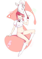 Rule 34 | 1girl, :d, absurdres, bare legs, beamed eighth notes, blush, breasts, crop top, eighth note, fang, full body, groin, hat, heart, highres, holding, jakuzure nonon, kill la kill, kneehighs, looking at viewer, meng ge 3 (565571710), musical note, navel, no shoes, open mouth, pink hair, puffy short sleeves, puffy sleeves, red eyes, short hair with long locks, short sleeves, sidelocks, simple background, small breasts, smile, socks, solo, stomach, swept bangs, tassel, treble clef, white background, white hat, white socks, wrist cuffs
