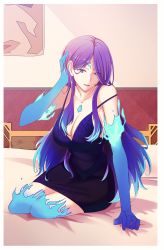 Rule 34 | 1girl, adjusting hair, ajie (changemyself), alternate costume, alternate hairstyle, black dress, blue fire, blue gloves, blue thighhighs, border, breasts, brighid (xenoblade), chest jewel, cleavage, dress, elbow gloves, fire, gloves, hair down, highres, indoors, large breasts, long hair, looking at viewer, on bed, purple eyes, short dress, sitting, solo, thighhighs, unusually open eyes, very long hair, white border, xenoblade chronicles (series), xenoblade chronicles 2, yokozuwari
