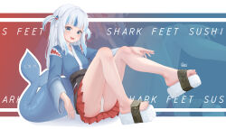 Rule 34 | 1girl, absurdres, barefoot, blue eyes, blush, feet, fins, fish tail, food, fpvjoe, gawr gura, highres, hololive, hololive english, long hair, looking at viewer, multicolored hair, open mouth, panties, pantyshot, shark tail, sharp teeth, short twintails, soles, streaked hair, sushi, tail, teeth, toes, twintails, underwear, virtual youtuber