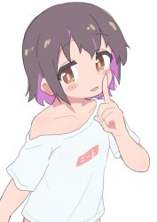 Rule 34 | 1girl, aged down, alternate hair length, alternate hairstyle, bare arms, black hair, blush stickers, brown eyes, colored inner hair, hatafuta, highres, index finger raised, looking at viewer, multicolored hair, off shoulder, onii-chan wa oshimai!, open mouth, oyama mihari, purple hair, shirt, short hair, short sleeves, simple background, single bare shoulder, solo, t-shirt, two-tone hair, upper body, white background, white shirt