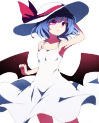 Rule 34 | 1girl, alternate costume, alternate eye color, alternate headwear, armpits, bat wings, blue hair, breasts, clothes lift, collarbone, commentary request, dress, dress lift, fang, fang out, fingernails, hand on headwear, hat, long fingernails, purple eyes, remilia scarlet, short dress, short hair, simple background, slit pupils, small breasts, solo, sun hat, sundress, touhou, white background, white dress, wind, wings, you (noanoamoemoe)