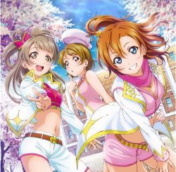 Rule 34 | 3girls, :d, absurdres, album cover, asymmetrical shorts, belt, blue eyes, bow, breasts, brown belt, brown hair, cherry blossoms, cleavage, cover, crop top, day, dutch angle, floating hair, grin, hair bow, hat, highres, index finger raised, jacket, koizumi hanayo, kosaka honoka, large breasts, long hair, looking at viewer, love live!, love live! school idol festival, love live! school idol project, medium breasts, medium hair, midriff, minami kotori, multiple girls, navel, official art, one side up, open clothes, open jacket, open mouth, outdoors, pink eyes, pink scarf, pink shorts, printemps (love live!), red bow, scarf, school, shirt, short hair, short shorts, shorts, sleeveless, sleeveless shirt, smile, stomach, textless version, tree, v, white headwear, white jacket, white shorts, yellow belt, yellow eyes