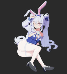 Rule 34 | 1girl, absurdres, animal ears, arm up, azur lane, black background, black footwear, blue leotard, blue ribbon, breasts, crossed bangs, fake animal ears, fake tail, full body, hair ribbon, high heels, highres, laffey (azur lane), laffey ii (azur lane), laffey ii (sleepy on a busy day) (azur lane), leotard, long hair, long sleeves, looking at viewer, mahou gnome, official alternate costume, one eye closed, pantyhose, parted lips, playboy bunny, rabbit ears, rabbit tail, red eyes, ribbon, simple background, small breasts, solo, strapless, strapless leotard, tail, twintails, v, very long hair, white hair, white pantyhose