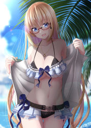 Rule 34 | 1girl, :d, bare shoulders, bikini, bikini skirt, bikini under clothes, black bikini, blonde hair, blue bow, blue eyes, blue sky, blurry, blurry background, blush, bow, bow bikini, breasts, charm (object), cleavage, cloud, cloudy sky, collarbone, commentary request, cowboy shot, day, depth of field, dress shirt, frilled skirt, frills, glasses, groin, hair between eyes, halterneck, highres, holding, jewelry, large breasts, leaf, lens flare, long hair, long sleeves, looking at viewer, navel, necklace, nekobaka, ocean, open clothes, open mouth, open shirt, original, outdoors, palm tree, red-framed eyewear, ring, ring necklace, semi-rimless eyewear, shirt, sidelocks, skirt, sky, smile, solo, standing, stomach, swimsuit, tree, under-rim eyewear, underbust, undressing, very long hair, water, white shirt