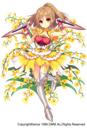 Rule 34 | 1girl, armor, armored boots, boots, bow, brown hair, dagger, dual wielding, floral background, flower, flower knight girl, full body, gloves, holding, holding dagger, holding knife, holding weapon, knee boots, knife, looking at viewer, armored boots, name connection, object namesake, official art, oncidium (flower knight girl), orange eyes, ponytail, short hair, skirt, smile, solo, standing, standing on one leg, sugimeno, weapon, white background, white bow, yellow skirt