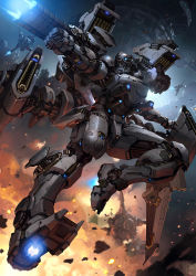 Rule 34 | arm cannon, blue eyes, clenched hand, commentary, english commentary, firing, flying, glowing, glowing eyes, highres, jessada sutthi, looking to the side, mecha, no humans, open hand, original, robot, solo focus, weapon