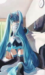Rule 34 | 1girl, 1other, absurdres, bag, bare shoulders, black thighhighs, blanket, blue hair, carpet, clock, unworn clothes, commentary, couch, covering with blanket, detached sleeves, from behind, hair focus, hatsune miku, highres, indoors, jacket, unworn jacket, kneeling, long hair, master (vocaloid), necktie, unworn necktie, no shoes, pentagon (railgun ky1206), pleated skirt, shirt, skirt, solo focus, thighhighs, twintails, very long hair, vocaloid, wall clock, white shirt