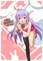 Rule 34 | 1girl, animal ears, bare legs, bare shoulders, bell, bent over, black thighhighs, bow, bowtie, breasts, christmas, cleavage, detached collar, erina (rabi-ribi), fake animal ears, hair between eyes, highres, holding, jingle bell, leaning forward, leg lift, leotard, long hair, medium breasts, neck bell, open mouth, playboy bunny, purple eyes, purple hair, rabbit ears, rabi-ribi, red bow, red bowtie, sack, saiste, shoes, single thighhigh, smile, solo, standing, standing on one leg, teeth, thighhighs, upper teeth only, very long hair