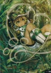 Rule 34 | 1girl, artist request, blonde hair, cyberconnect2, forest, goggles, green eyes, hat, highres, nature, neptune (series), short hair, smile, solo, tail