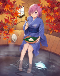 Rule 34 | 1girl, autumn leaves, barefoot, blush, breasts, commentary request, fate/grand order, fate (series), from above, hair over one eye, highres, japanese clothes, kimono, large breasts, light purple hair, looking at viewer, mash kyrielight, mash kyrielight (anniversary heroines), official alternate costume, purple eyes, purple hair, short hair, sitting, skyrail, smile, solo, tsukimi, water, yukata