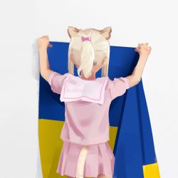 Rule 34 | 1girl, absurdres, animal ears, arms up, blonde hair, cat ears, cat girl, cat tail, child, clothing cutout, commentary, cowboy shot, english commentary, facing away, flag, from behind, highres, holding, holding flag, medium hair, original, pink shirt, pink skirt, ponytail, sailor collar, sailor shirt, shirt, short sleeves, sidelocks, simple background, skirt, solo, standing, sweetonedollar, tail, tail through clothes, ukraine, ukrainian flag, white background, white sailor collar