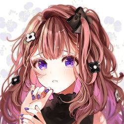 Rule 34 | 1girl, absurdres, black bow, black shirt, blush, bow, brown hair, commentary, flower, hair bow, hair flower, hair ornament, hands up, highres, long hair, looking at viewer, nail polish, original, parted lips, portrait, puracotte, purple eyes, purple nails, shirt, solo, tearing up