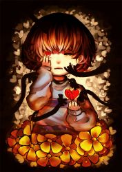 Rule 34 | androgynous, brown eyes, brown hair, flower, frisk (undertale), gender request, heart, long sleeves, looking at viewer, one eye closed, qin-ying, shirt, short hair, silhouette, solo, striped clothes, striped shirt, sweater, tears, undertale, upper body, watermark, web address, wince