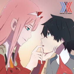 Rule 34 | 10s, 1boy, 1girl, black hair, blue eyes, couple, darling in the franxx, finger in another&#039;s mouth, fringe trim, from side, green eyes, hair ornament, hairband, hand on another&#039;s chin, hand on another&#039;s mouth, hetero, hiro (darling in the franxx), horns, long hair, long sleeves, looking at another, military, military uniform, necktie, oni horns, orange neckwear, pink hair, red horns, red neckwear, sesuwi, short hair, signature, uniform, white hairband, zero two (darling in the franxx)