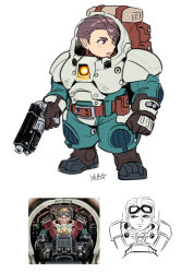 Rule 34 | 1girl, armor, backpack, bag, bedroll, boots, commentary, dwarf, english commentary, gauntlets, goggles, goggles on head, gun, handgun, highres, holding, holding gun, holding weapon, pointy ears, power armor, reference inset, ryuusei (mark ii), short hair, signature, sketch, solo, squats (warhammer 40k), warhammer 40k, weapon, white background