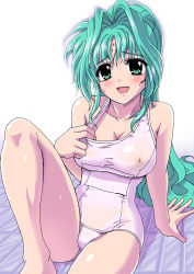 Rule 34 | 00s, 1girl, blush, breasts, covered erect nipples, facial mark, forehead mark, green eyes, green hair, large breasts, lindy harlaown, long hair, lyrical nanoha, mahou shoujo lyrical nanoha, mahou shoujo lyrical nanoha a&#039;s, matching hair/eyes, one-piece swimsuit, school swimsuit, solo, swimsuit, white school swimsuit, white one-piece swimsuit